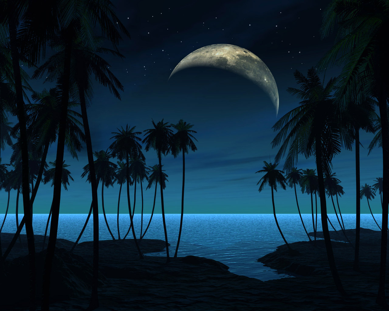 Ночное море под луной HD фото картинки, обои рабочий стол