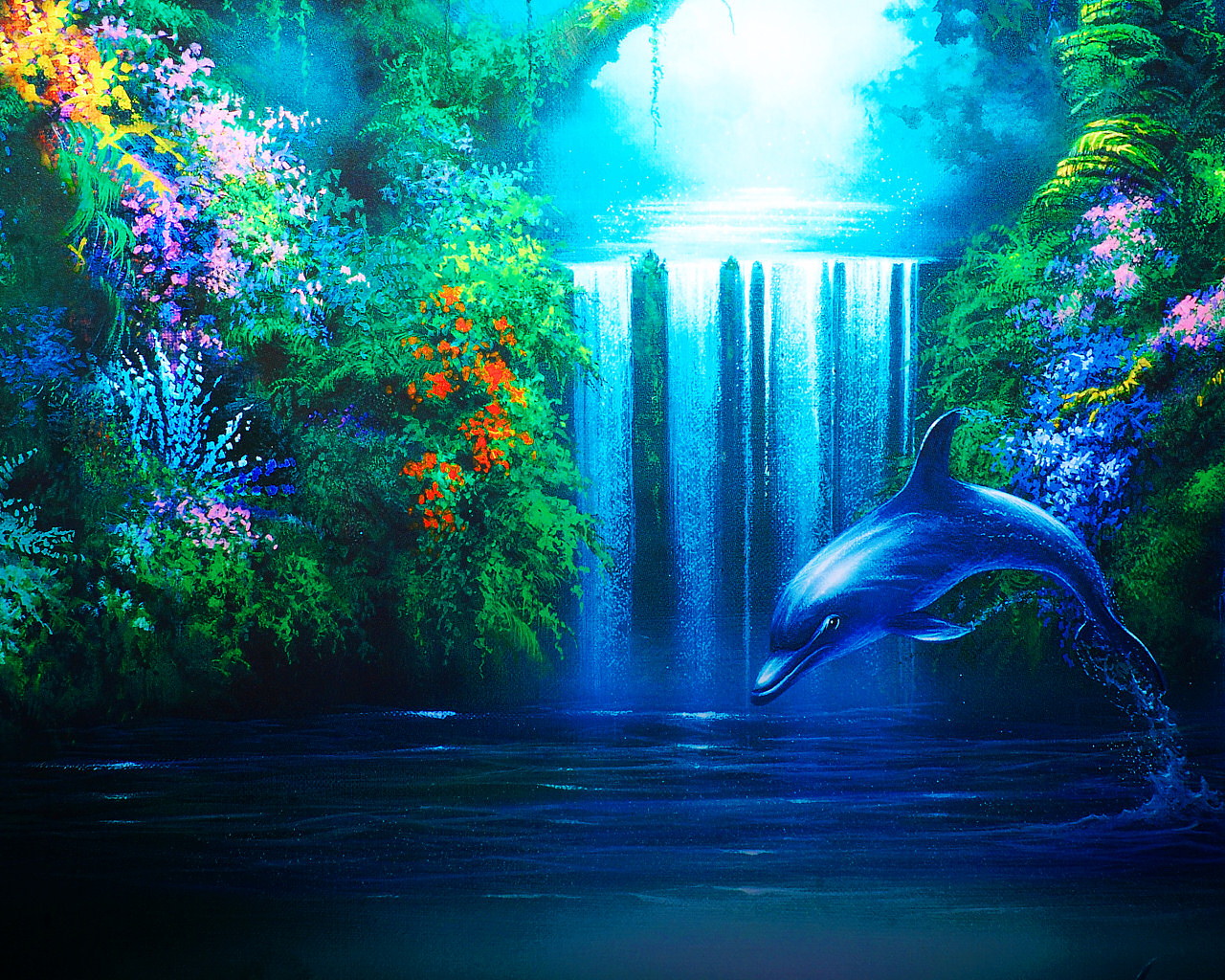 Художественная картина - водопад, дельфин HD фото картинки, обои рабочий стол