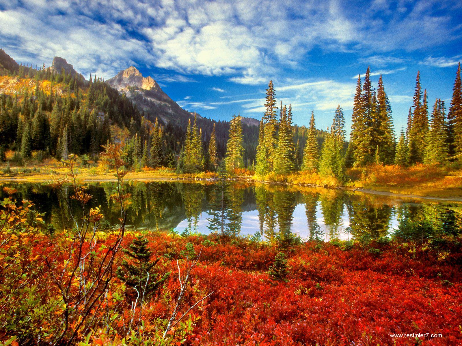 Осень. Озеро перед горами HD фото картинки, обои рабочий стол