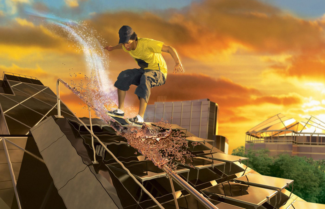 Скейтбордист скатывается с небоскреба Креативные с приколом картинки, обои рабочий стол