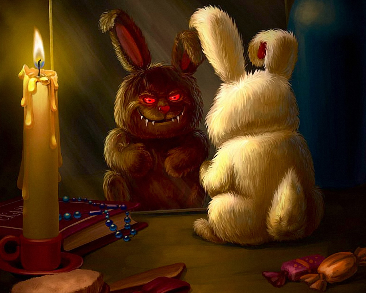 Игрушечный заяц и его злое отражение в зеркале Креативные с приколом картинки, обои рабочий стол