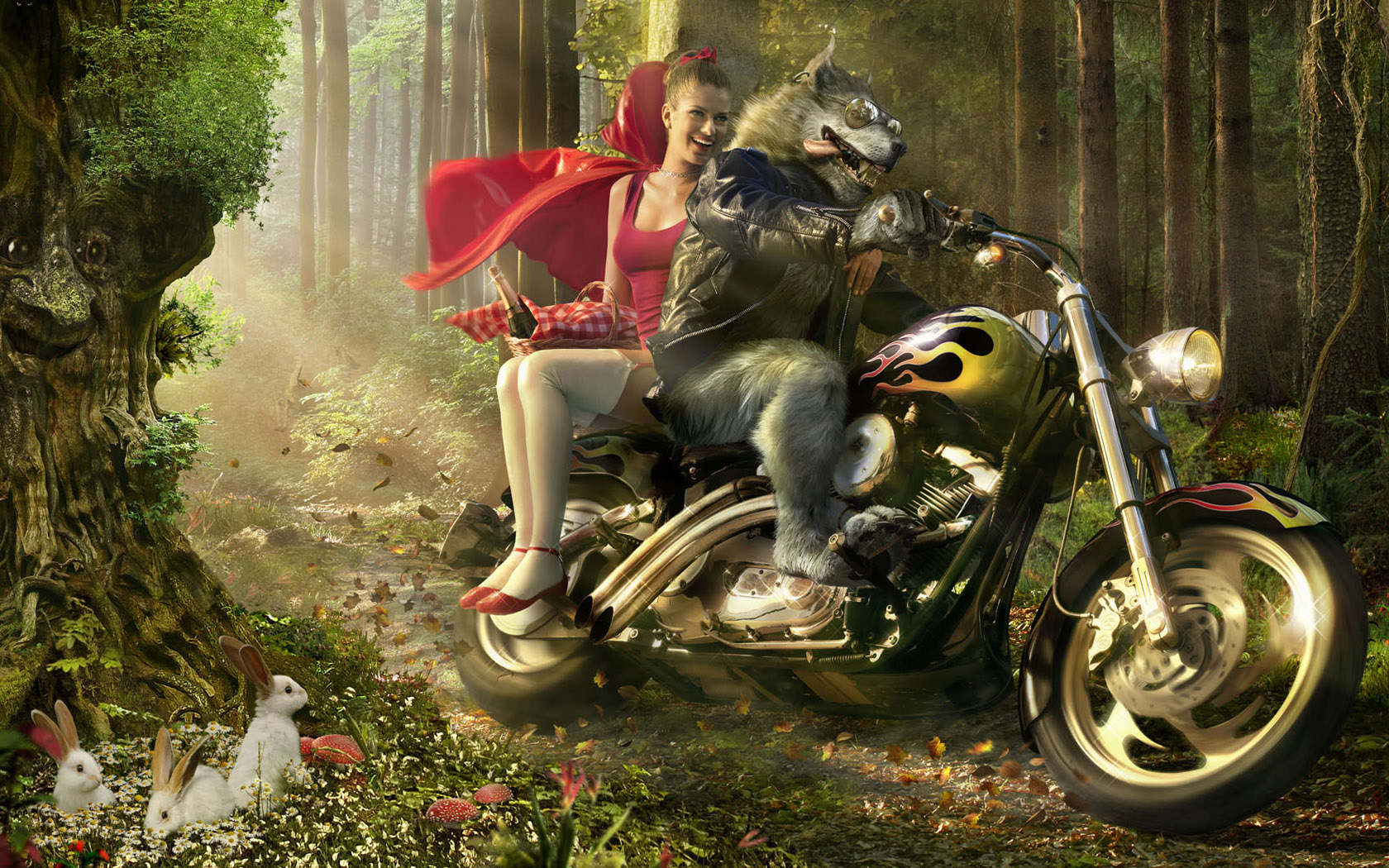 Волк и Красная шапочка в лесу на мотоцикле Креативные с приколом картинки, обои рабочий стол