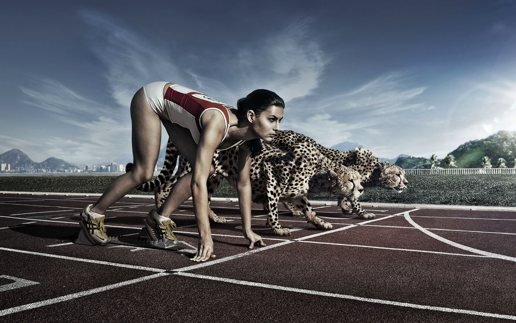 Девушка спортсменка на старте с гепардами Креативные с приколом картинки, обои рабочий стол