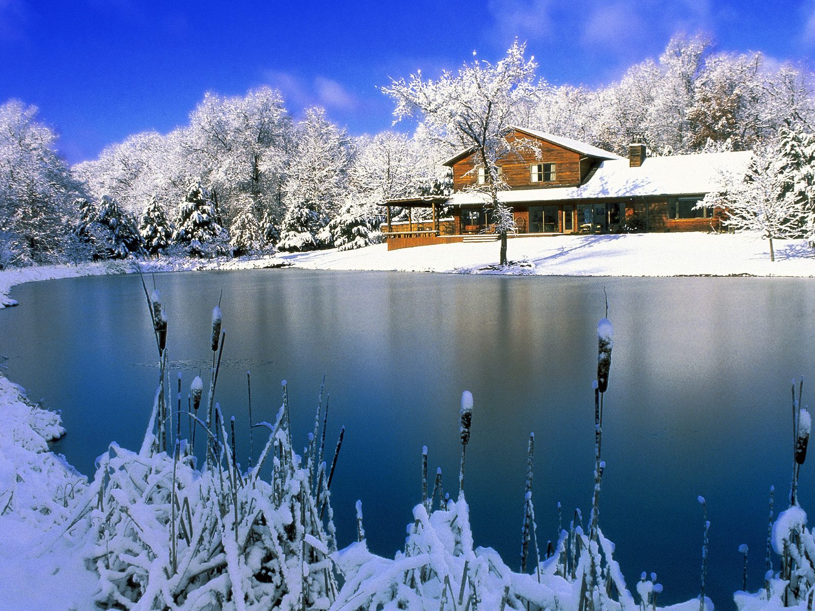 Домик в снегу у зимнего озера Природа картинки, обои рабочий стол