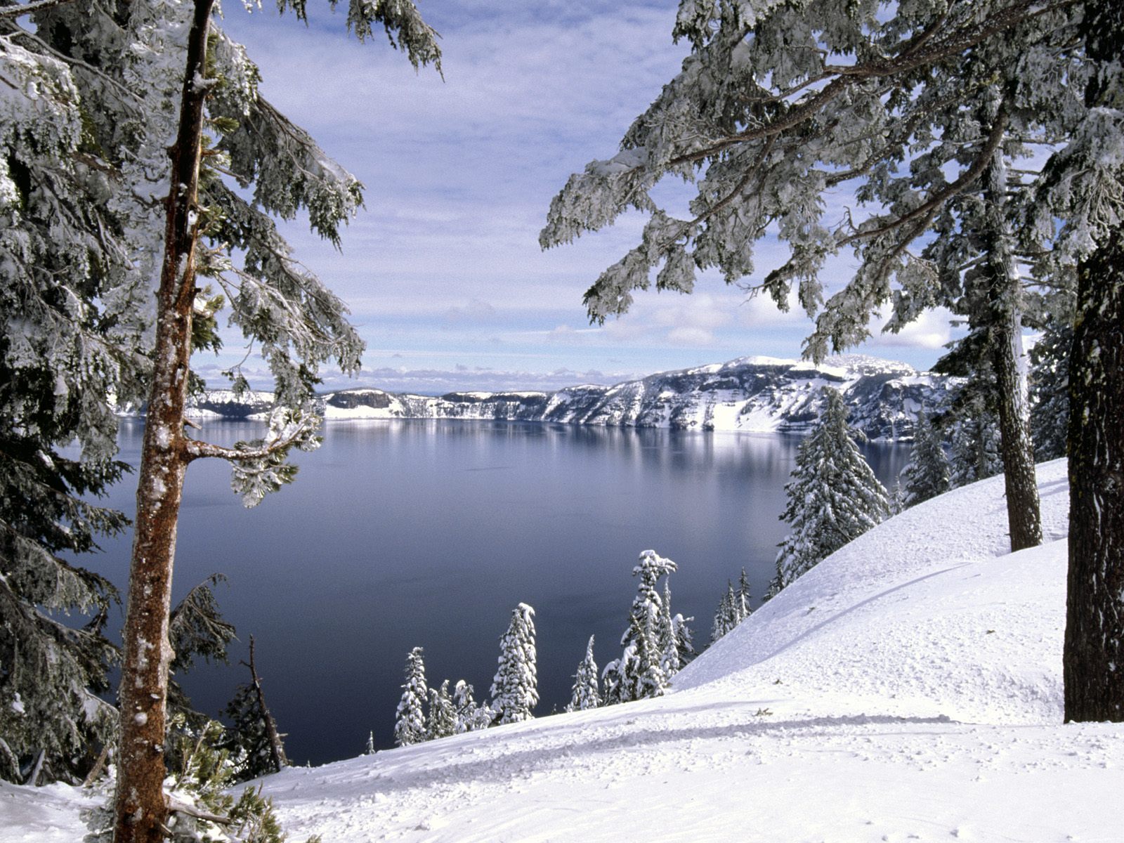 Красивый вид, озеро, снег, зима, деревья Природа картинки, обои рабочий стол