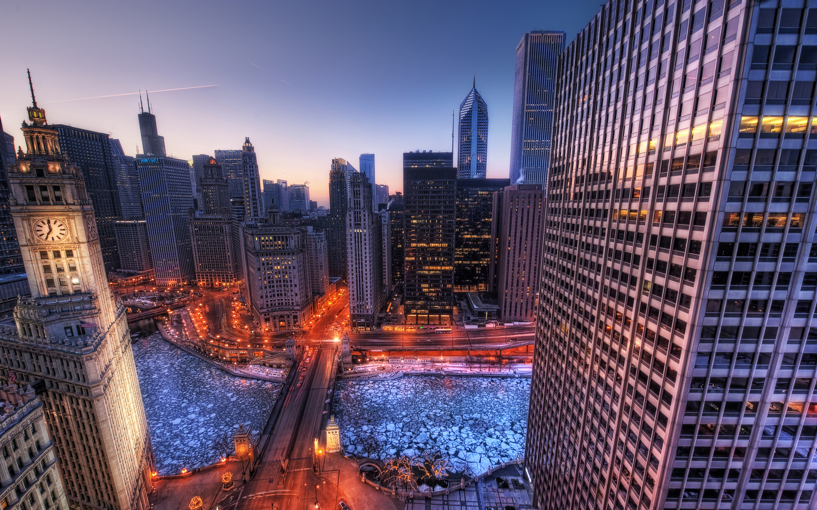 США, Иллиноис, Чикаго, город, утро, зима, вид Города картинки, обои рабочий стол