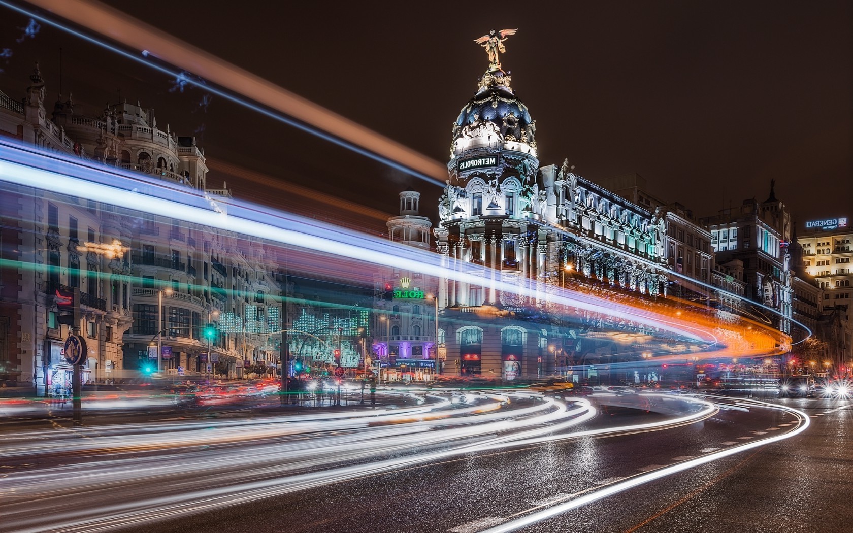 здания, Мадрид, Испания, город, дорога, ночь Города картинки, обои рабочий стол