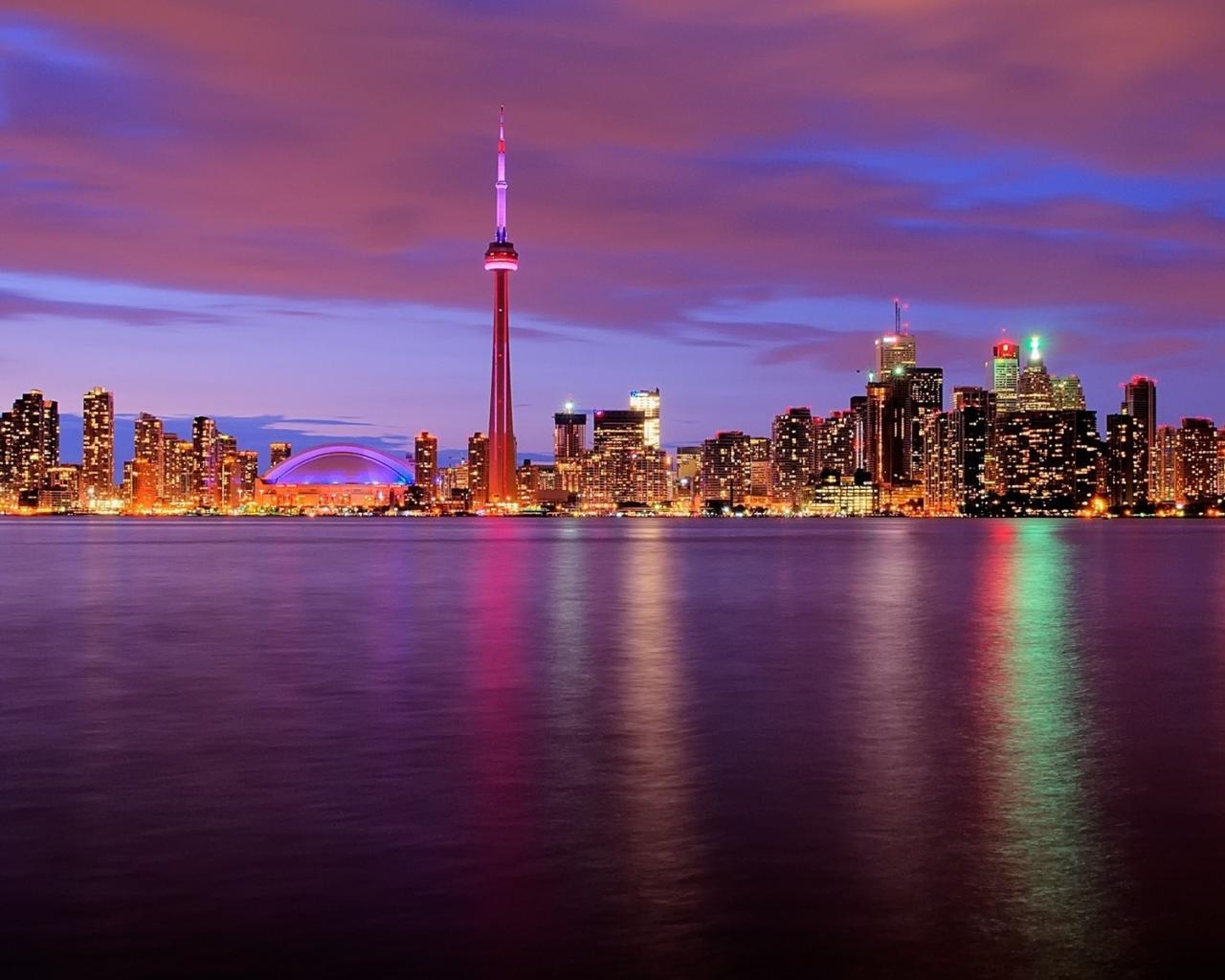 Канада, башня, вода, ночь, огни Города картинки, обои рабочий стол