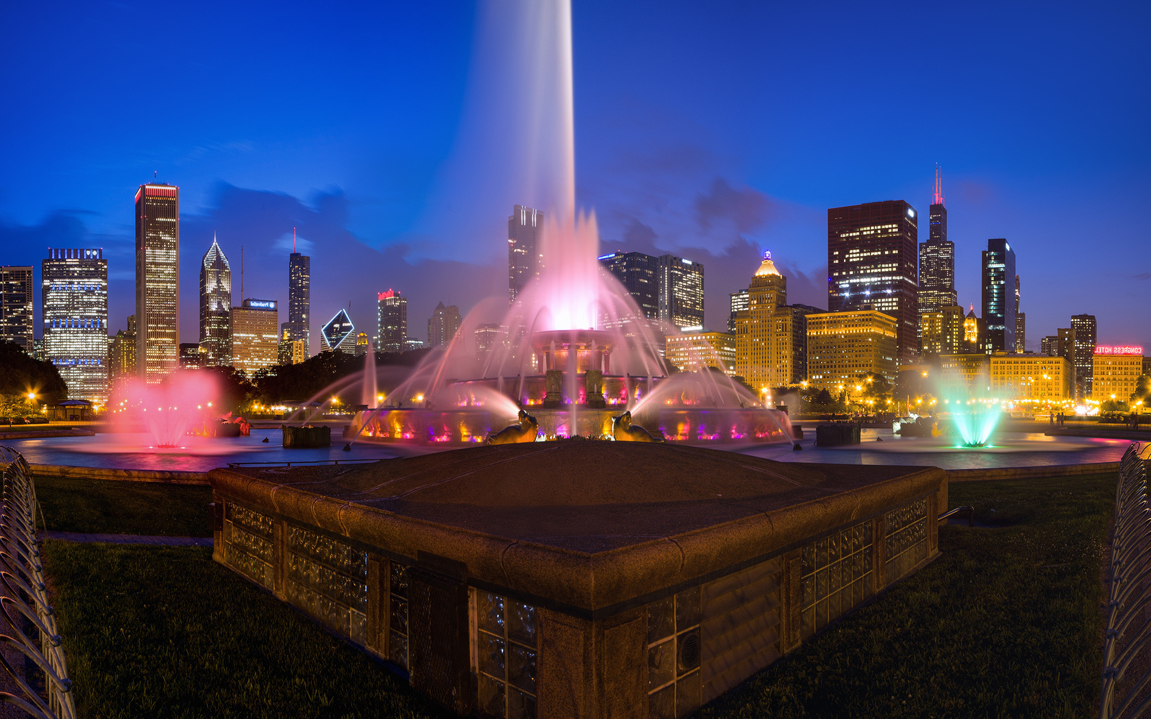Иллиноис, Чикаго, город, фонтан, ночь, огни Города картинки, обои рабочий стол