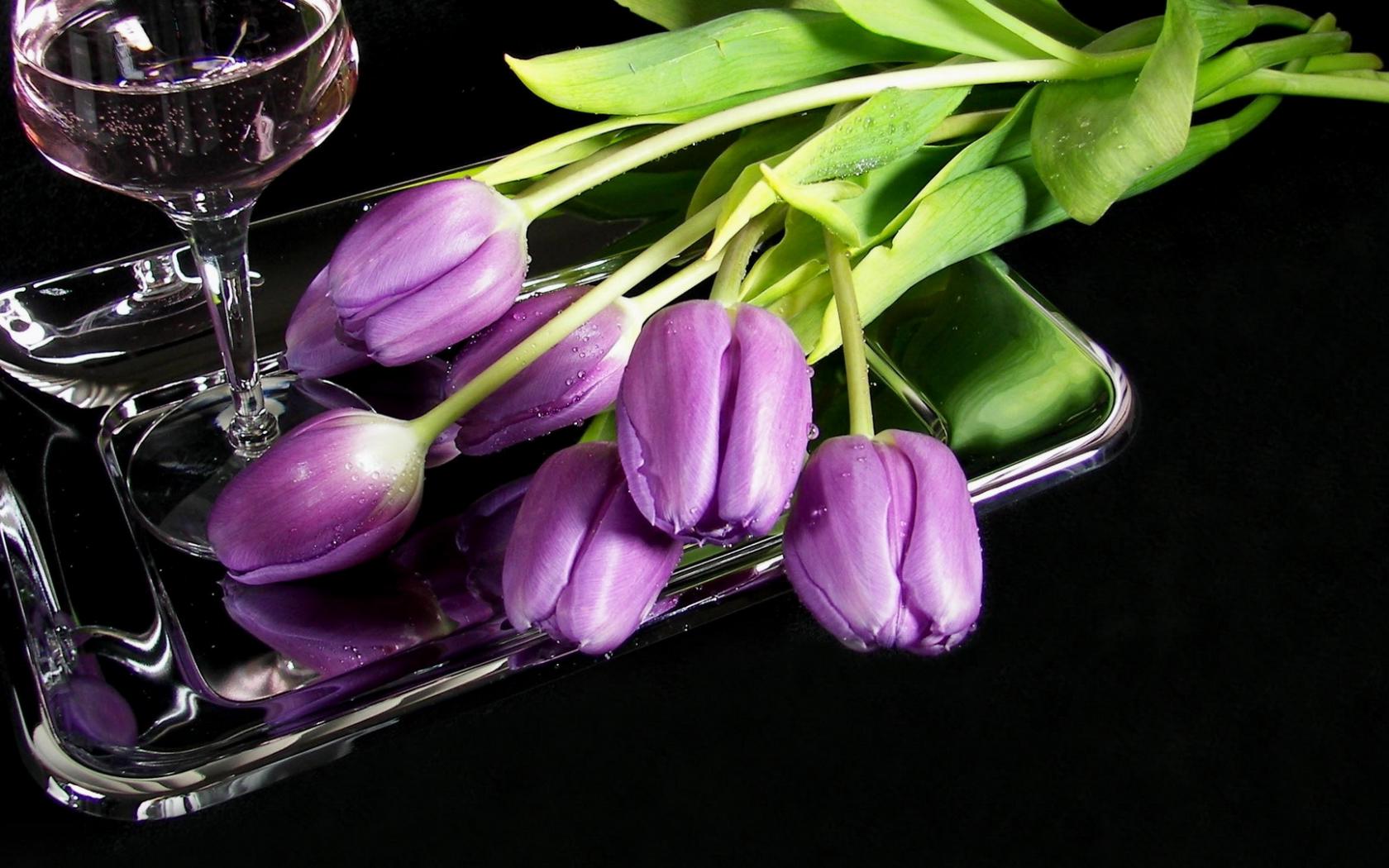 Цветы, тюльпаны, поднос, бокал, вино Цветы картинки, обои рабочий стол