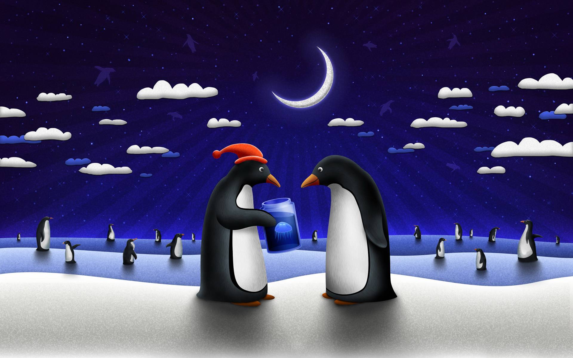 Новогодние, рождественские пингвины, рисованные HD фото картинки, обои рабочий стол