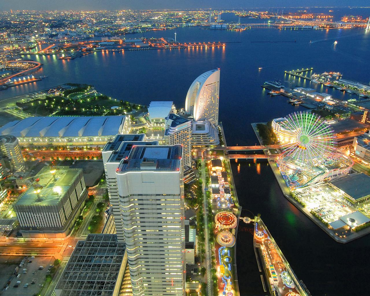 Япония, порт, город, ночь, огни, море Города картинки, обои рабочий стол