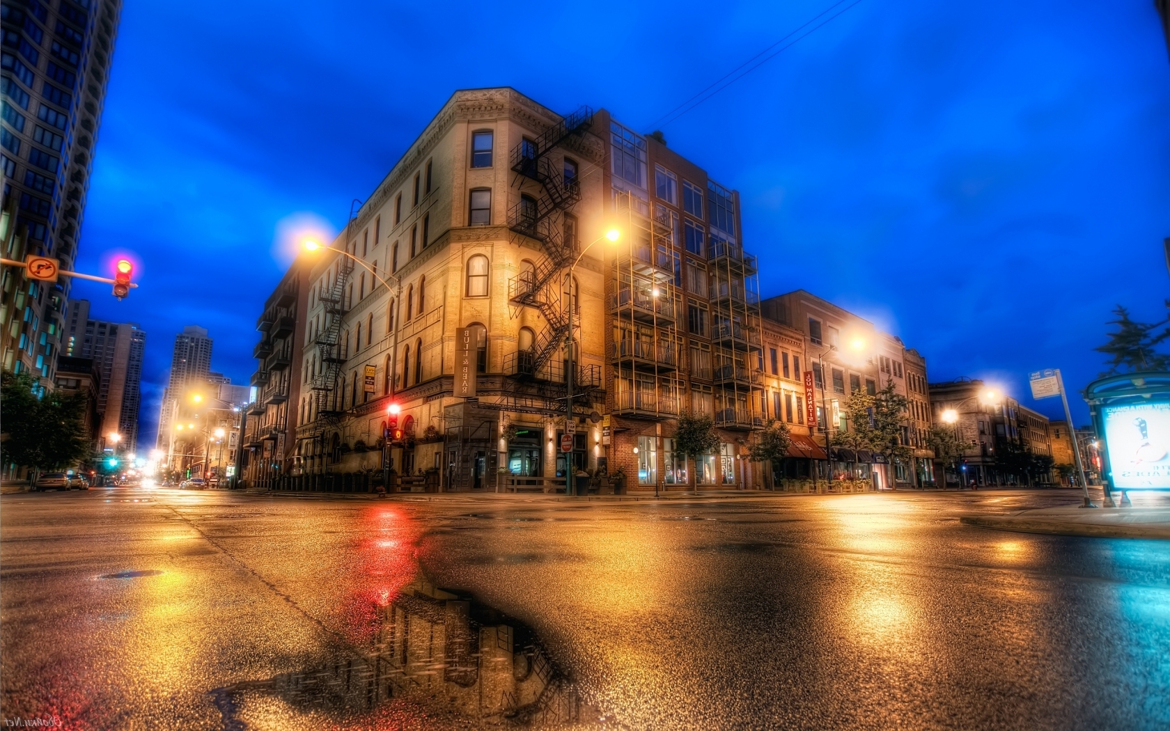 Дорога, асфальт, лужи и огни Города картинки, обои рабочий стол