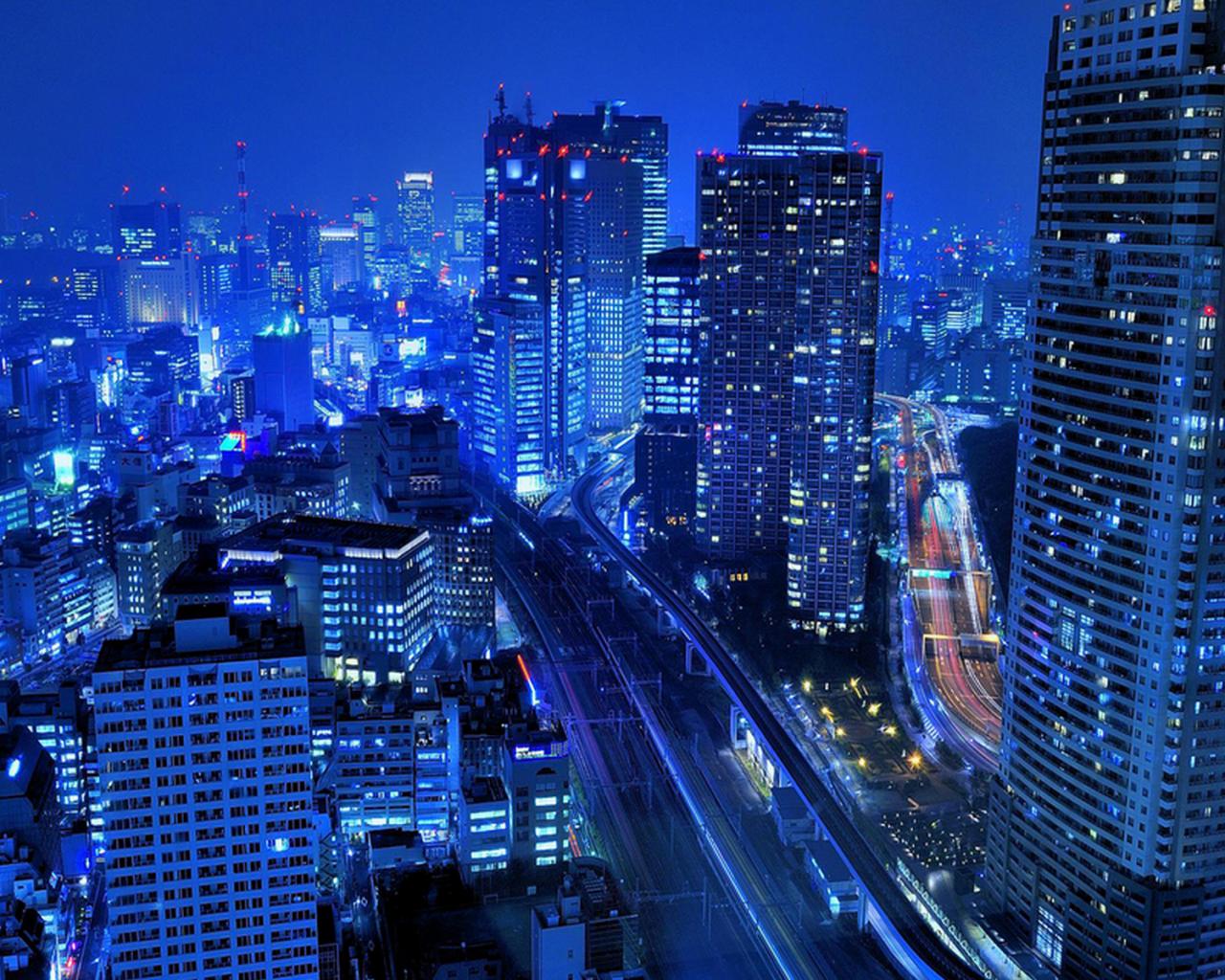 Город, синий, ночной, небоскребы Города картинки, обои рабочий стол
